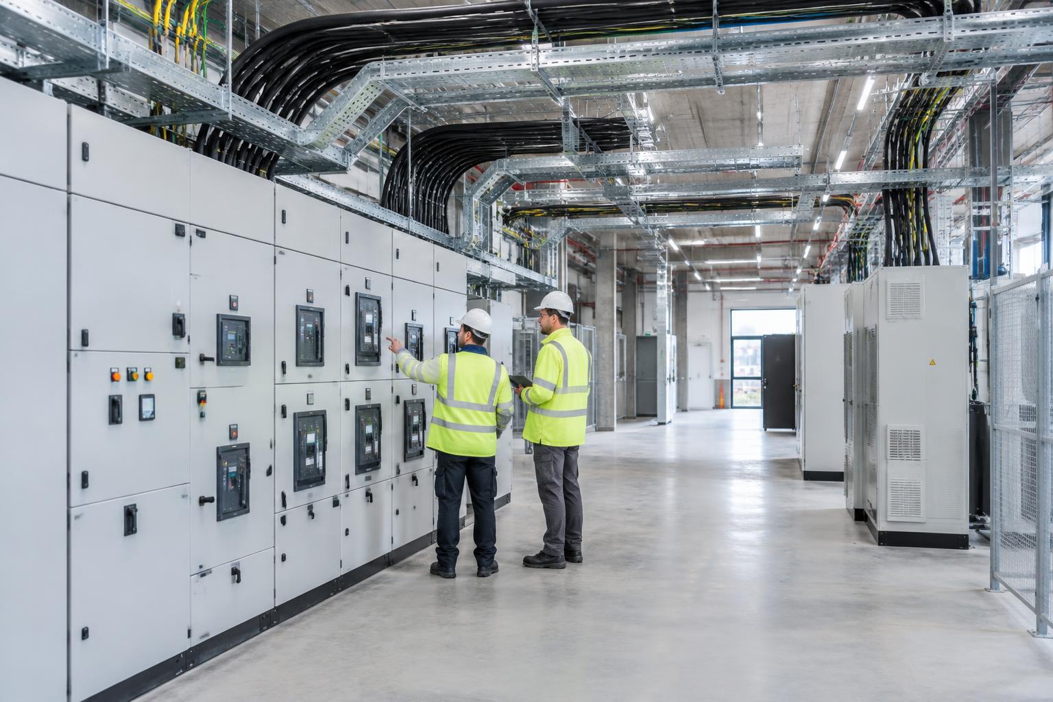 Engineers inspecting electrical switchgear in a data centre plant room